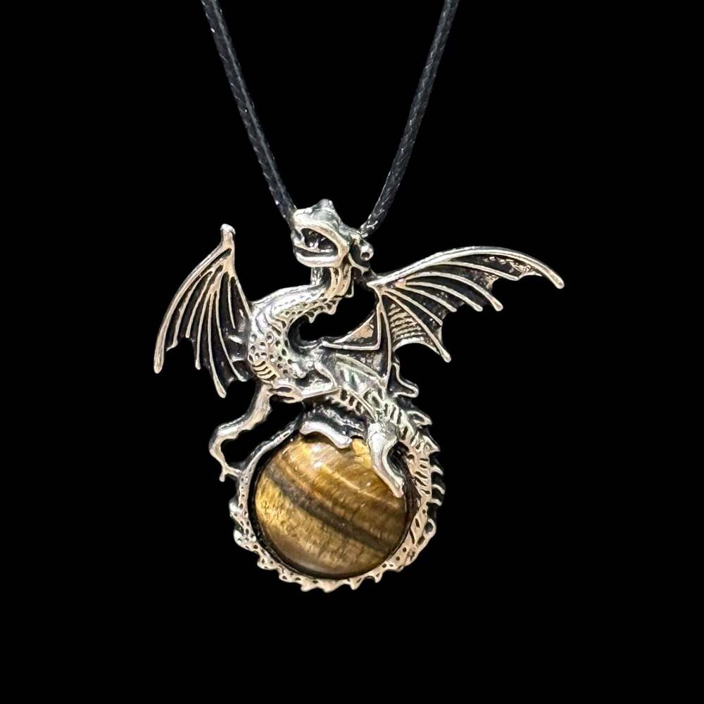 Tiger’s Eye Dragon Pendant Black Cord Necklace